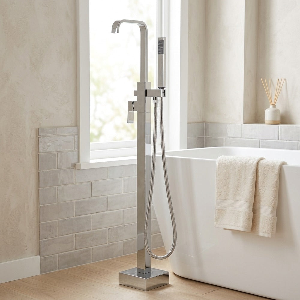 Lagomel single-handle freestanding tub filler in chrome, matte black, set in a Modern/Minimalist bathroom