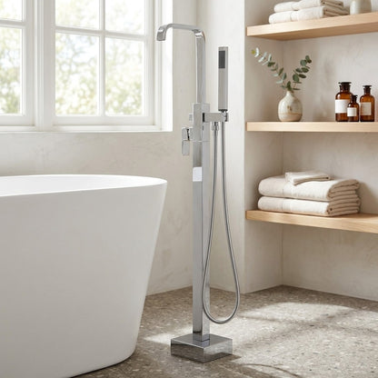 Lagomel single-handle freestanding tub filler, set in a Modern/Contemporary bathroom