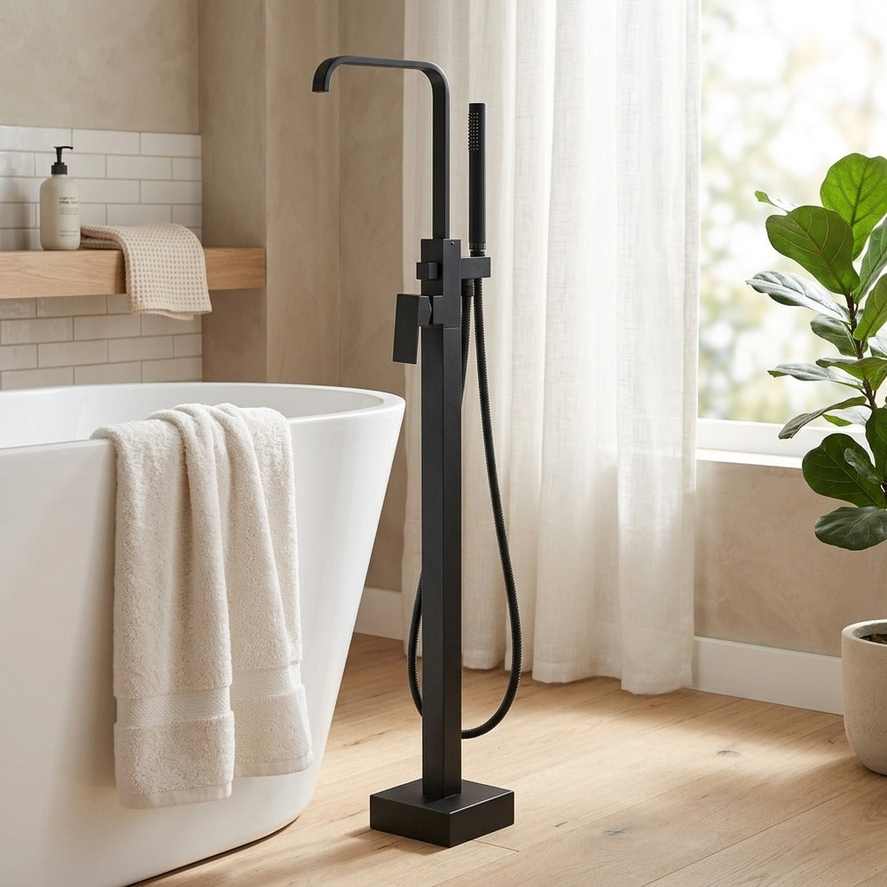 Lagomel single-handle freestanding tub filler, set in a Modern/Contemporary bathroom