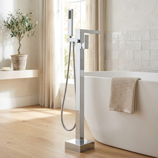 Lagomel waterfall single-handle freestanding tub filler in chrome, polished nickel, two-tone / mixed finish, set in a Modern/Minimalist bathroom