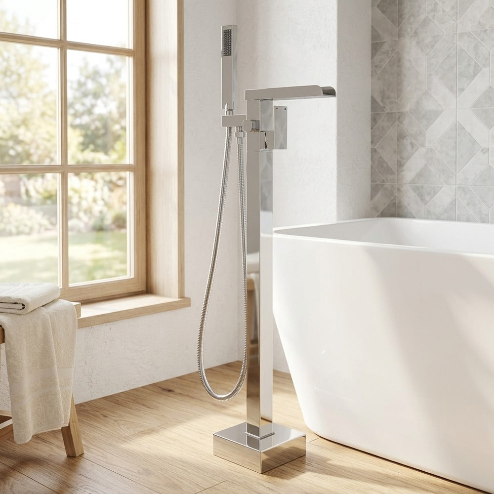 Lagomel waterfall single-handle freestanding tub filler, set in a Modern/Minimalist bathroom