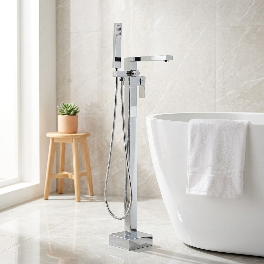 Lagomel single-handle freestanding tub filler in chrome, matte black, set in a Modern/Minimalist bathroom