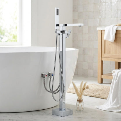 Lagomel single-handle freestanding tub filler, set in a Modern/Contemporary bathroom