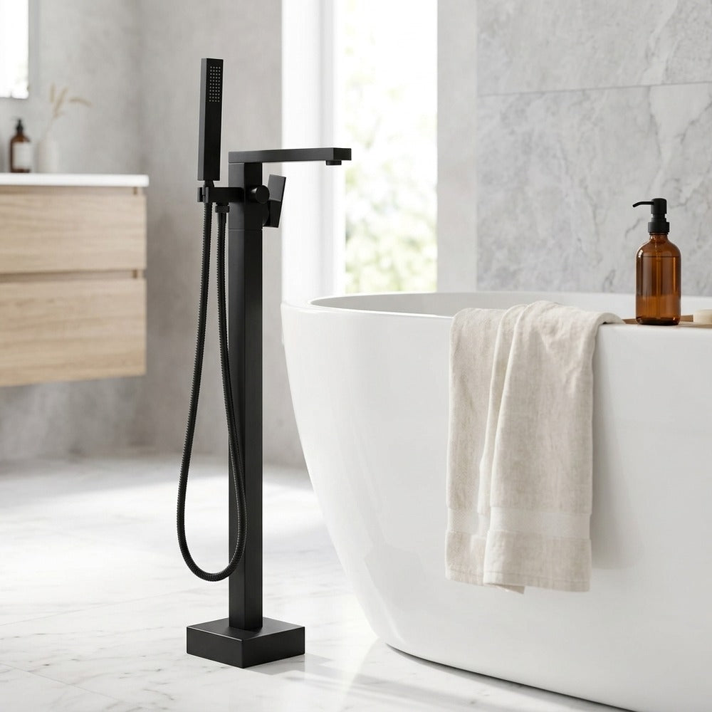 Lagomel single-handle freestanding tub filler, set in a Modern/Contemporary bathroom