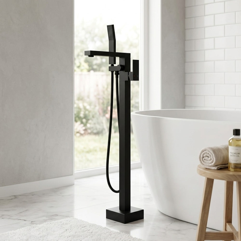 Lagomel single-handle freestanding tub filler, set in a Modern/Contemporary bathroom