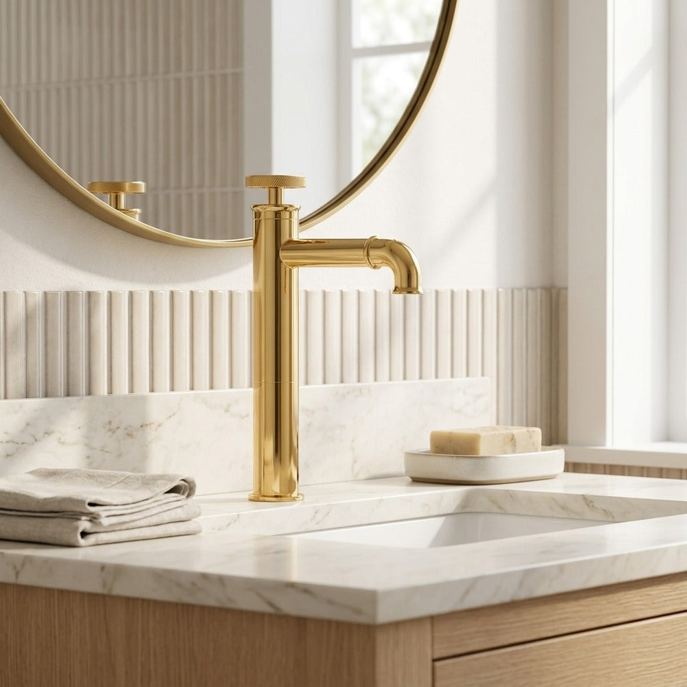 Lagomel single-hole single-handle vessel sink faucet in polished gold, matte black, set in a Contemporary/Modern bathroom