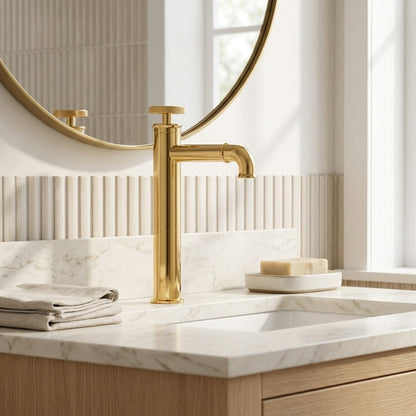 Lagomel single-hole single-handle vessel sink faucet in polished gold, matte black, set in a Contemporary/Modern bathroom