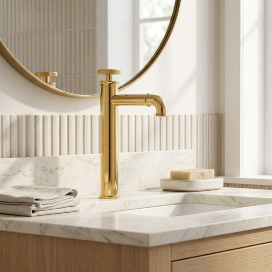 Lagomel single-hole single-handle vessel sink faucet in polished gold, matte black, set in a Contemporary/Modern bathroom