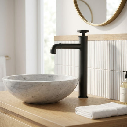 Lagomel single-hole single-handle vessel sink faucet, set in a Modern/Minimalist/Contemporary bathroom