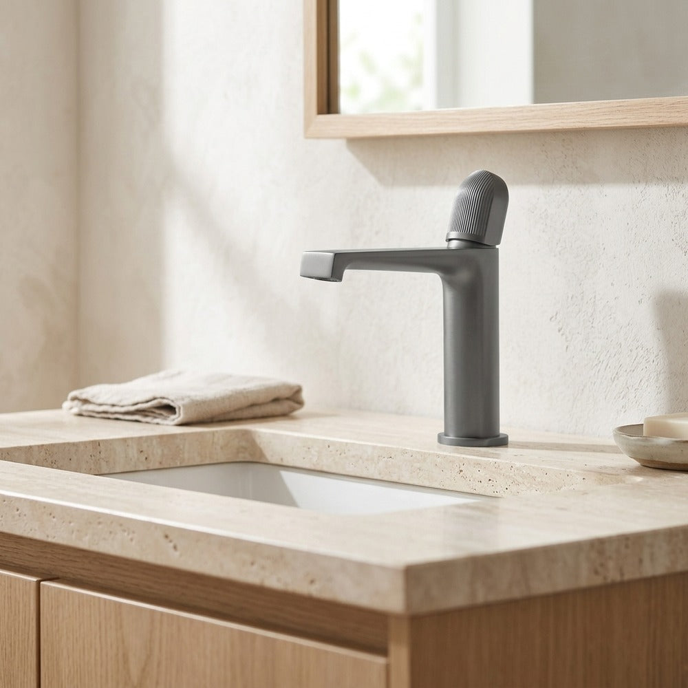 Lagomel waterfall single-hole bathroom faucet, set in a Modern/Minimalist bathroom