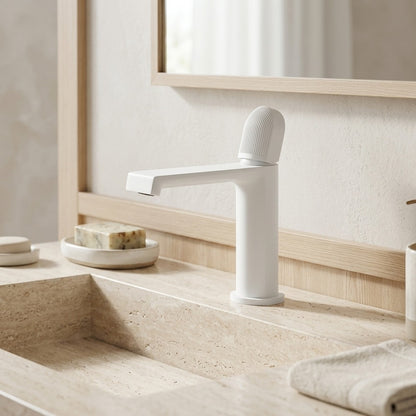 Lagomel waterfall single-hole bathroom faucet, set in a Modern/Minimalist bathroom