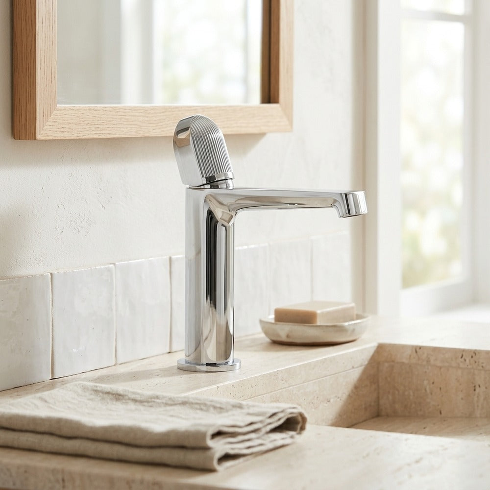 Lagomel waterfall single-hole bathroom faucet, set in a Modern/Minimalist bathroom