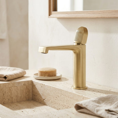Lagomel waterfall single-hole bathroom faucet, set in a Modern/Minimalist bathroom