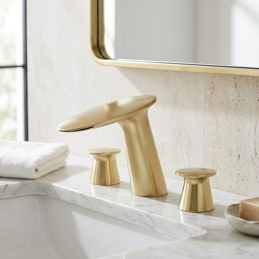 Lagomel waterfall widespread bathroom faucet in brushed gold, pvd, rose gold, matte white, brushed nickel, matte, set in a Modern/Contemporary bathroom