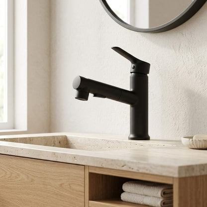 Lagomel pull-out single-hole bathroom faucet in matte black, chrome, set in a Modern/Contemporary bathroom