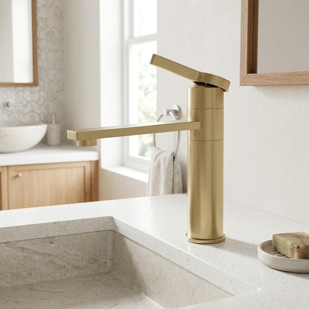 Lagomel single-hole bathroom faucet in brushed gold, gunmetal, matte black, chrome, set in a Modern/Contemporary bathroom