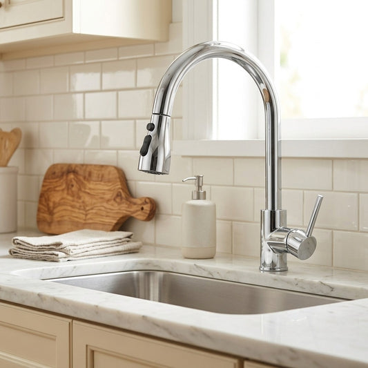 Lagomel single-handle pull-down kitchen faucet in chrome, brushed nickel, matte black, set in a Modern/Contemporary kitchen