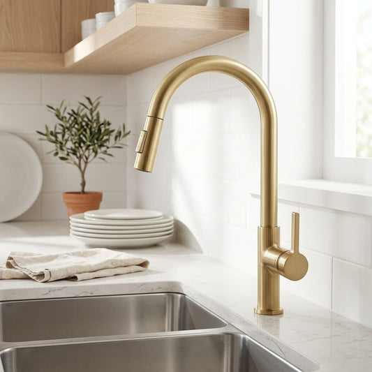 Lagomel single-handle pull-down kitchen faucet in brushed gold, chrome, matte black, brushed nickel, gunmetal, set in a Modern kitchen