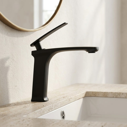 Lagomel single-hole bathroom faucet in brushed nickel, gunmetal, chrome, two-tone / mixed finish, matte black, set in a Modern/Contemporary bathroom