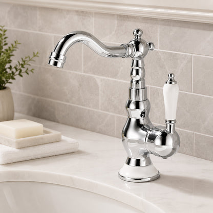 Traditional Ceramic Lever Handle Bathroom Faucet, Single-Hole Deck Mount High Arc Spout Faucet, Antique Brass / Chrome / Gunmetal / Matte White / Polished Gold