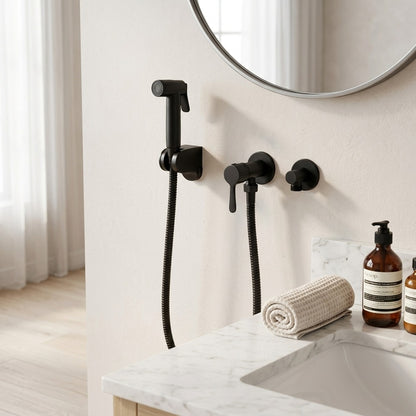 Lagomel wall-mounted bidet faucet in matte black, set in a Modern/Contemporary bathroom
