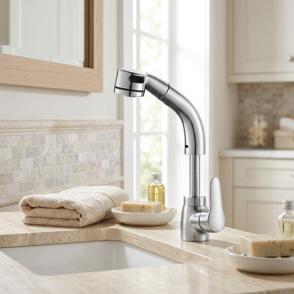Lagomel pull-out single-hole bathroom faucet, set in a Traditional/Classic/Vintage/Retro bathroom