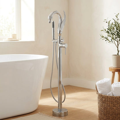 Lagomel single-handle freestanding tub filler in chrome, polished gold, matte black, set in a Modern/Contemporary bathroom