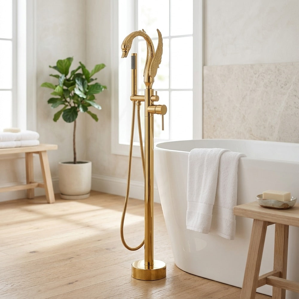 Lagomel single-handle freestanding tub filler, set in a Modern/Contemporary bathroom
