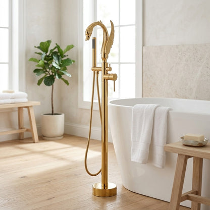 Lagomel single-handle freestanding tub filler, set in a Modern/Contemporary bathroom