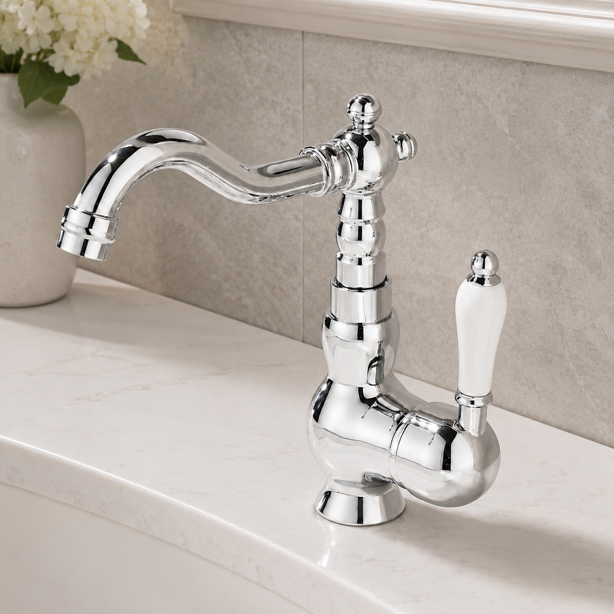 Traditional Ceramic Lever Handle Bathroom Faucet, Single-Hole Deck Mount High Arc Spout Faucet, Antique Brass / Chrome / Gunmetal / Matte White / Polished Gold