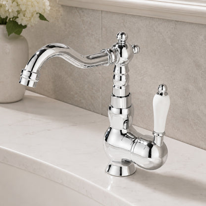 Traditional Ceramic Lever Handle Bathroom Faucet, Single-Hole Deck Mount High Arc Spout Faucet, Antique Brass / Chrome / Gunmetal / Matte White / Polished Gold