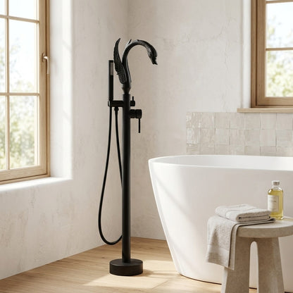 Lagomel single-handle freestanding tub filler, set in a Modern/Contemporary bathroom