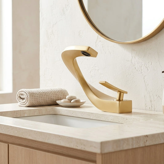Lagomel waterfall single-hole bathroom faucet in matte black, chrome, brushed gold, brushed nickel, rose gold, matte, set in a Modern/Contemporary bathroom