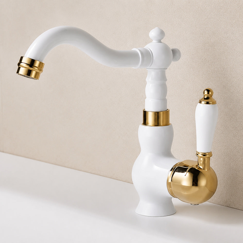 Traditional Ceramic Lever Handle Bathroom Faucet, Single-Hole Deck Mount High Arc Spout Faucet, Antique Brass / Chrome / Gunmetal / Matte White / Polished Gold