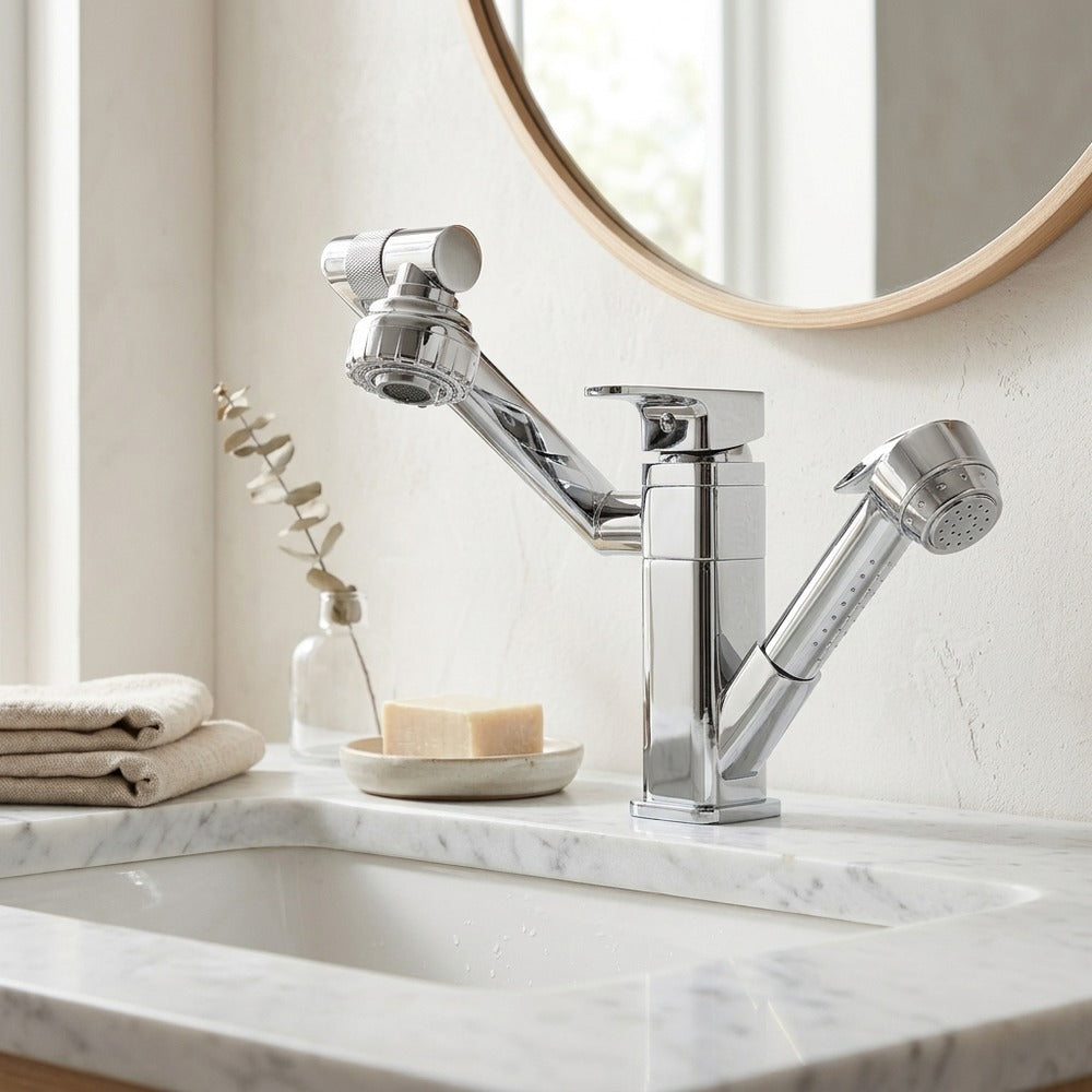 Lagomel pull-out single-hole bathroom faucet in chrome, set in a Contemporary bathroom