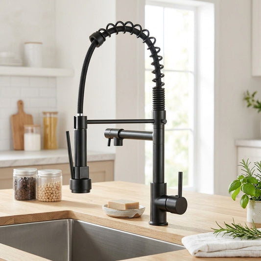 Lagomel pull-down single-handle pre-rinse kitchen faucet in matte black, chrome, set in a Contemporary/Modern kitchen