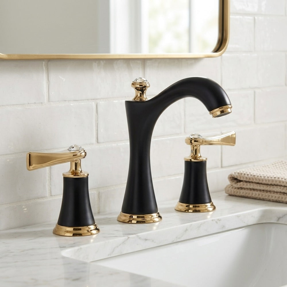 Lagomel double-handle widespread bathroom faucet in two-tone / mixed finish, chrome, matte white, set in a Vintage/Retro bathroom