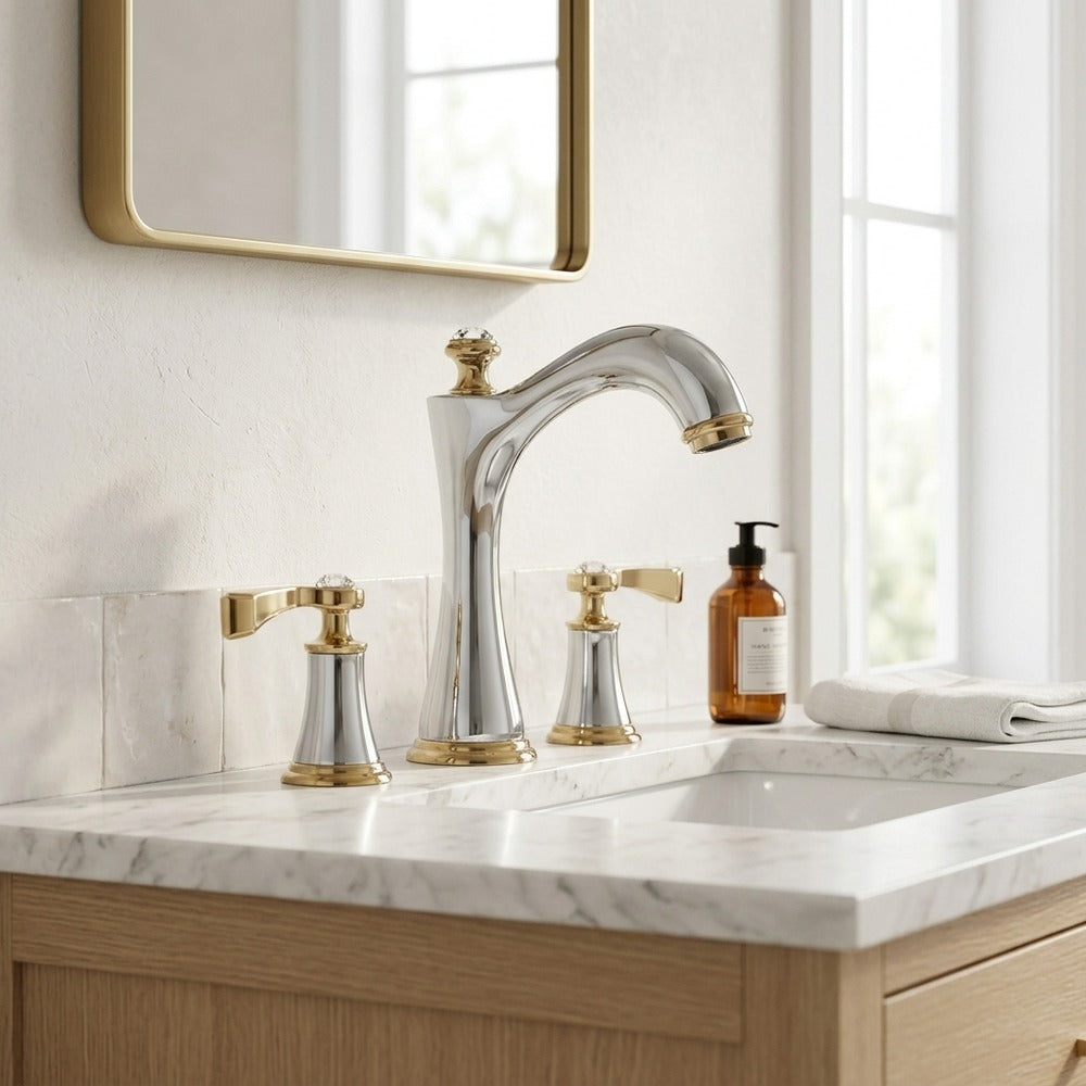 Lagomel double-handle widespread bathroom faucet, set in a Vintage/Retro/Traditional/Classic bathroom