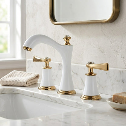 Lagomel double-handle widespread bathroom faucet, set in a Vintage/Retro/Traditional/Classic bathroom