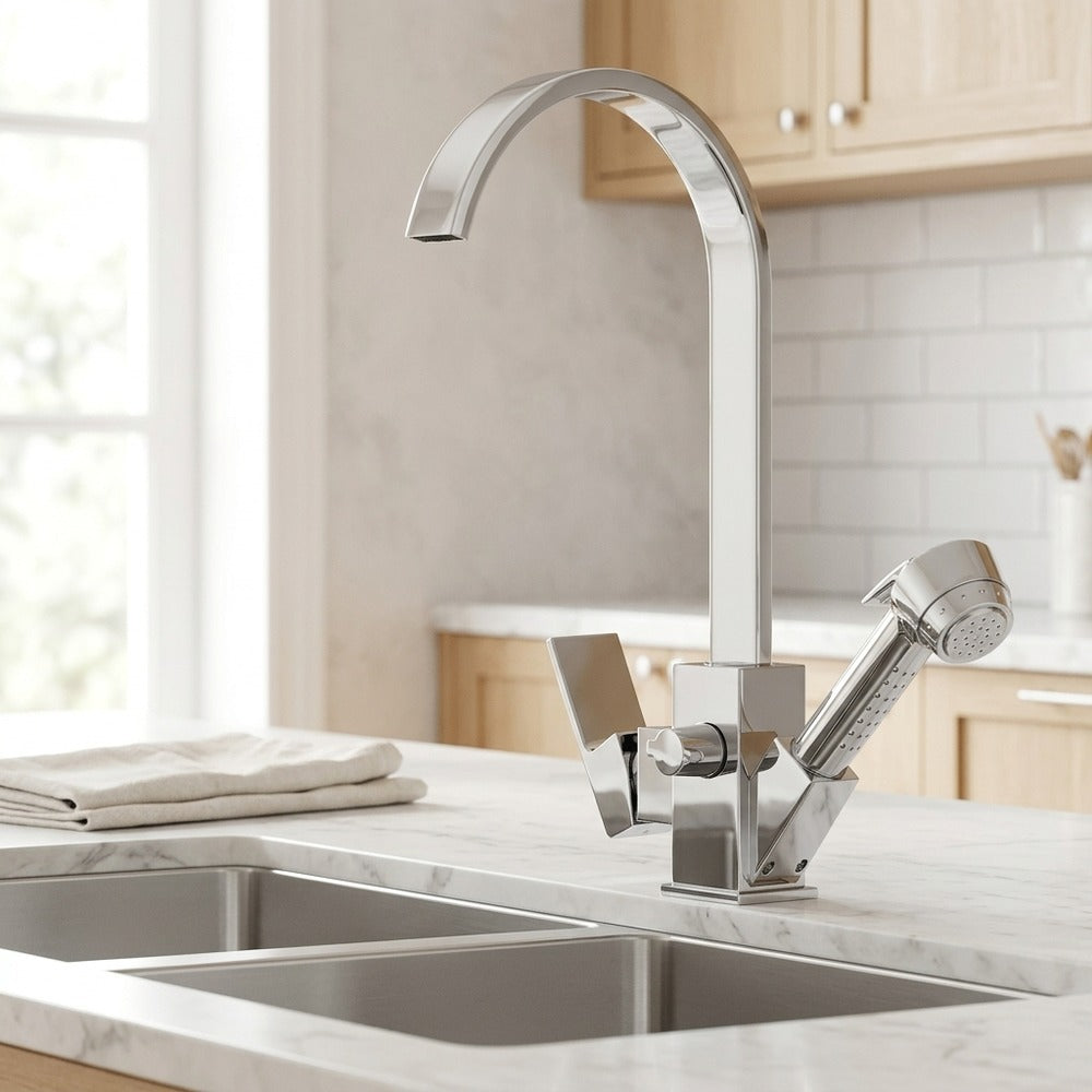 Lagomel single-handle pull-out kitchen faucet in chrome, set in a Contemporary/Modern kitchen