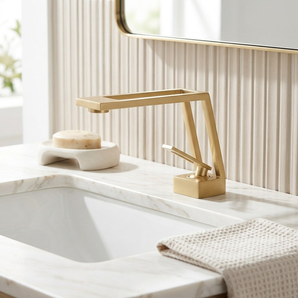Lagomel waterfall single-hole bathroom faucet in matte black, brushed gold, gunmetal, matte white, set in a Modern/Contemporary bathroom