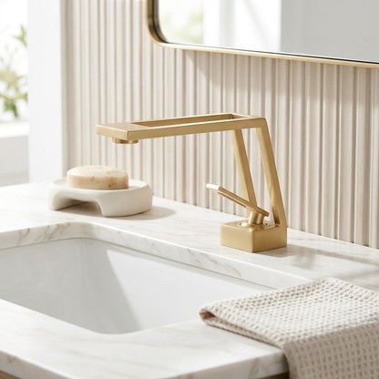 Lagomel waterfall single-hole bathroom faucet in matte black, brushed gold, gunmetal, matte white, set in a Modern/Contemporary bathroom