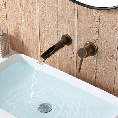 Modern Wall-Mount Waterfall Bathroom Faucet, Single-Handle Brass Faucet, Antique Brass / Brushed Gold