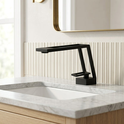 Lagomel waterfall single-hole bathroom faucet, set in a Modern/Minimalist bathroom