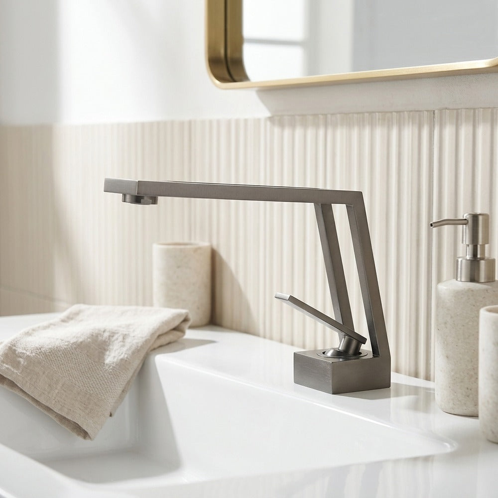 Lagomel waterfall single-hole bathroom faucet, set in a Modern/Minimalist bathroom
