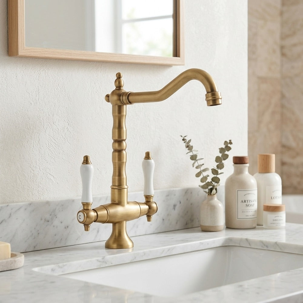 Lagomel single-hole bathroom faucet in antique brass, chrome, matte black, polished gold, set in a Traditional/Classic bathroom