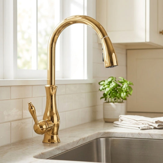 Lagomel single-handle pull-down kitchen faucet in brushed nickel, chrome, matte black, polished gold, set in a Modern/Contemporary kitchen