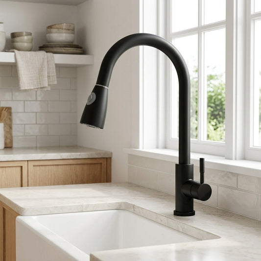 Lagomel single-handle pull-down kitchen faucet in matte black, stainless steel, set in a Modern/Contemporary kitchen