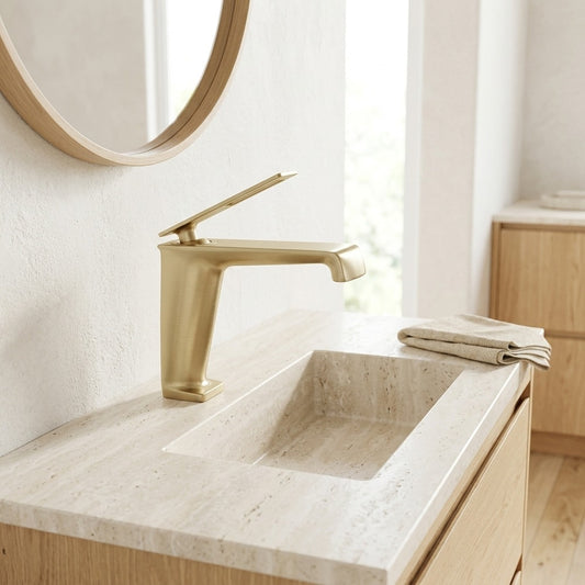 Lagomel single-hole bathroom faucet in brushed gold, chrome, gunmetal, matte black, set in a Modern/Contemporary bathroom