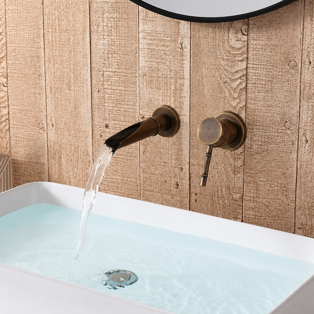 Modern Wall-Mount Waterfall Bathroom Faucet, Single-Handle Brass Faucet, Antique Brass / Brushed Gold